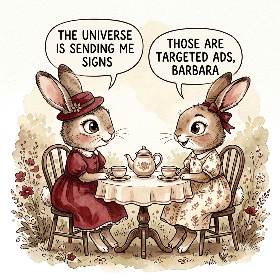 Illustration of two rabbits at tea: one says "the universe is sending me signs," the other replies "those are targeted ads, Barbara."
