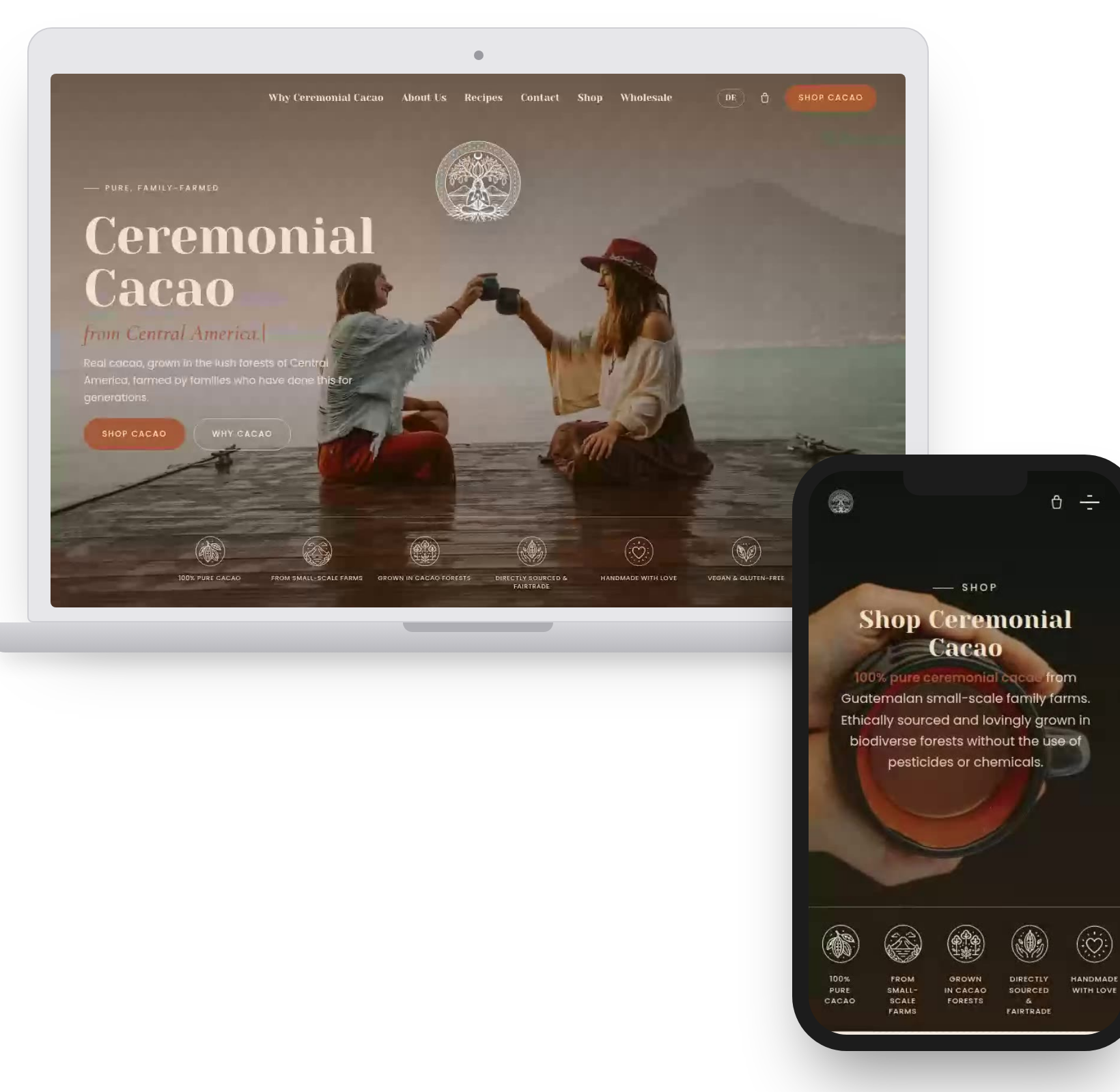 Volcano Spirit Cacao homepage on desktop and the shop page on mobile