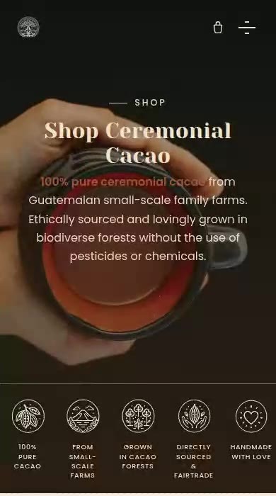 Volcano Spirit Cacao shop page on mobile
